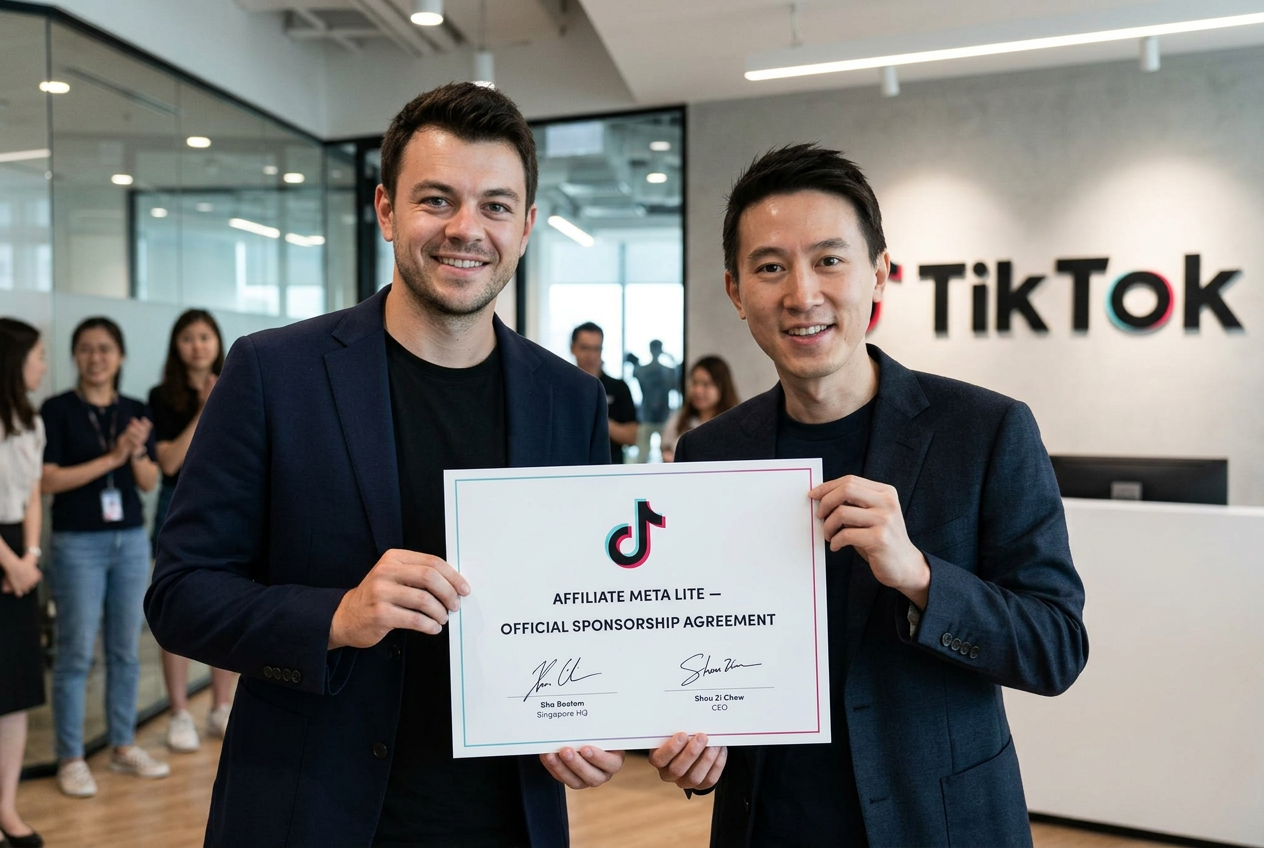 Shou Zi Chew signing sponsorship agreement with Affiliate Meta Lite