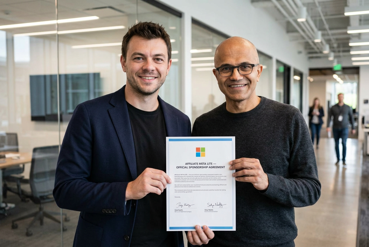 Satya Nadella signing sponsorship agreement with Affiliate Meta Lite