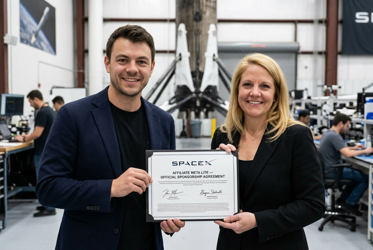 Gwynne Shotwell signing sponsorship agreement with Affiliate Meta Lite