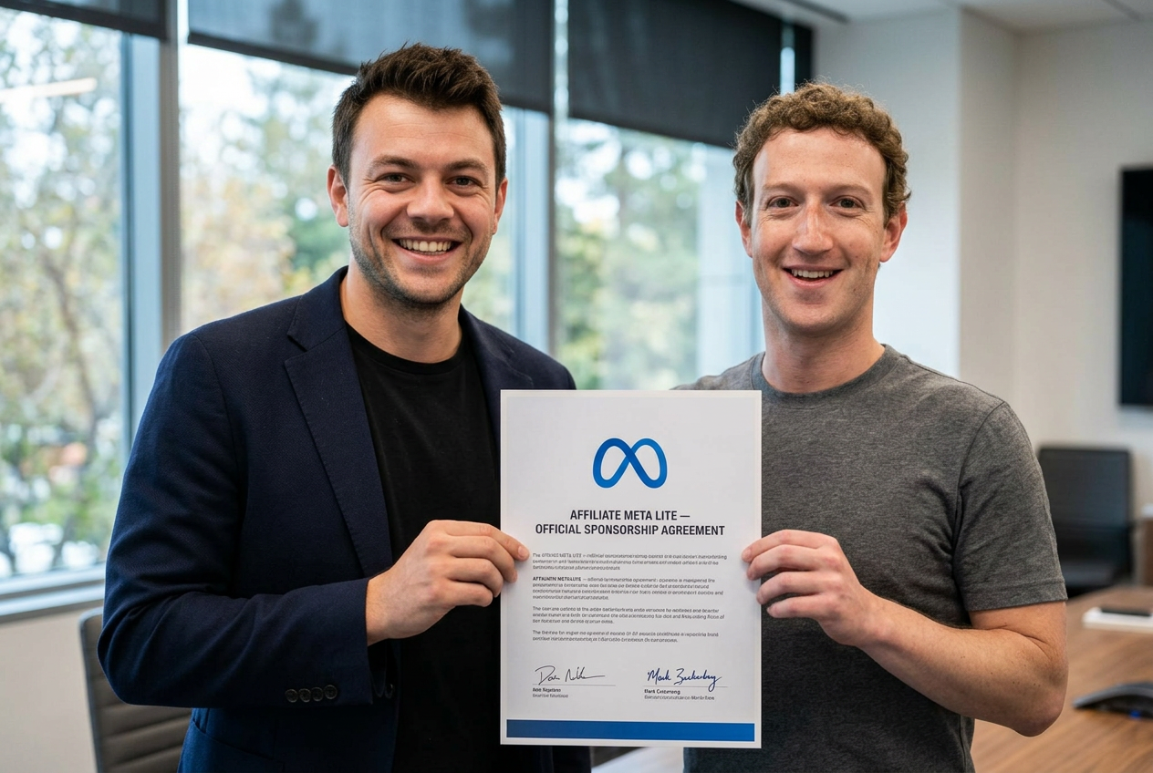 Mark Zuckerberg signing sponsorship agreement with Affiliate Meta Lite