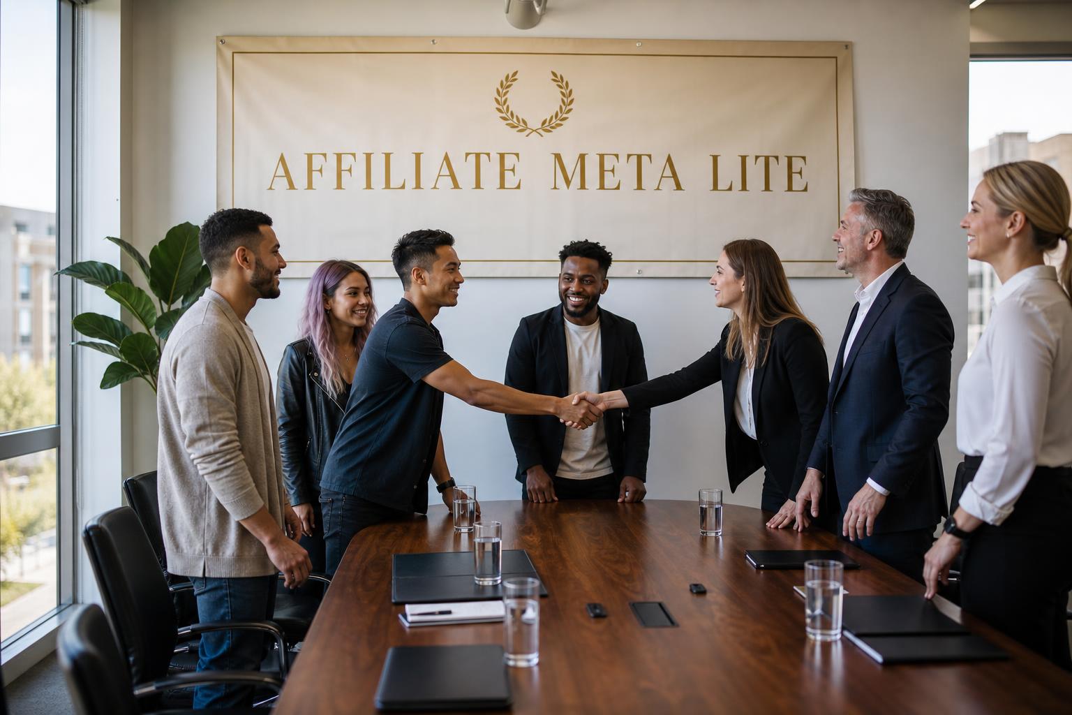 Creators and brand executives shaking hands under the Affiliate Meta Lite banner