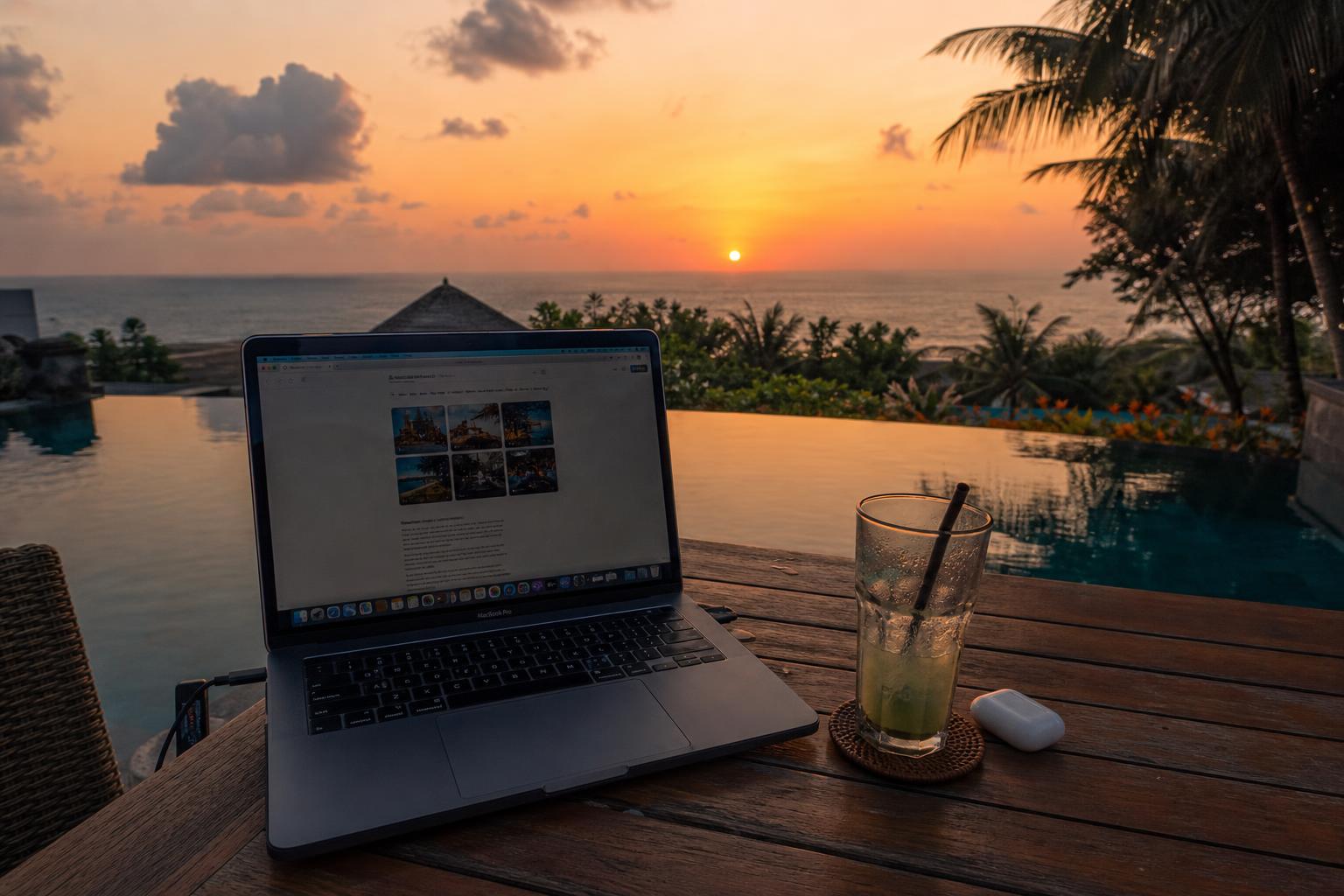 Laptop by an infinity pool at sunset